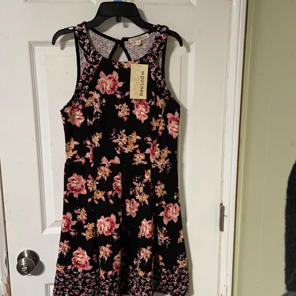 Rewind black pink gold floral dress. Size medium. New with tags